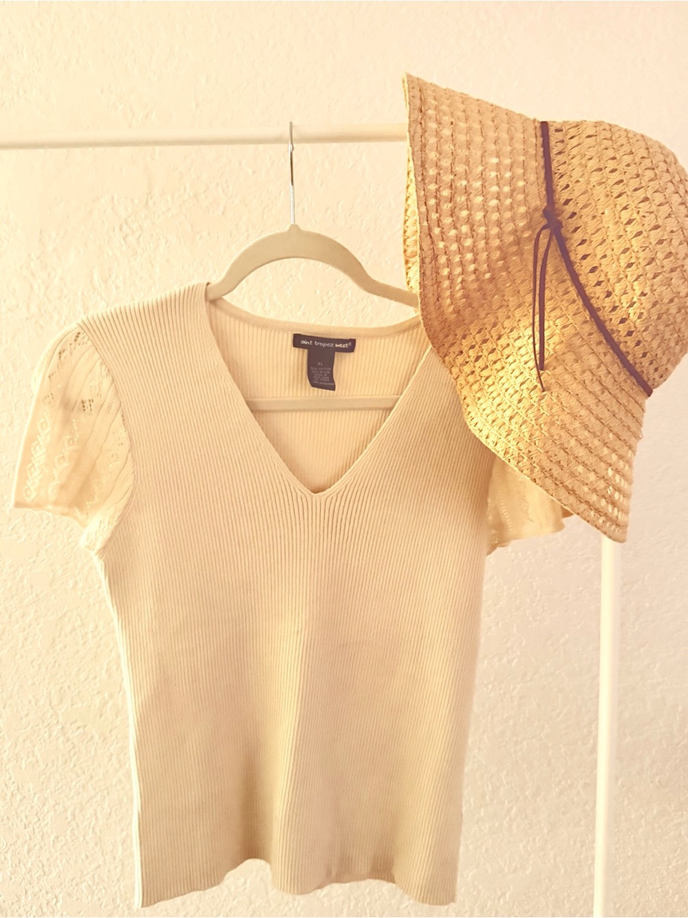 Saint Tropez West Cream Ribbed V-Neck Top with Lace Trim